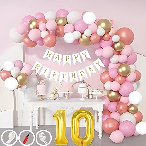 10th birthday decoration items for pink and white theme combination for girls 50 pcs pink white gold rose gold balloon white birthday banner balloon pump arch tape glue dots