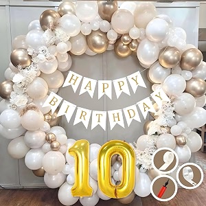 10th birthday decoration items for white and gold theme combination for boys girls  50 pc golden white orange balloon  white birthday banner  balloon pump  arch tape  glue dots