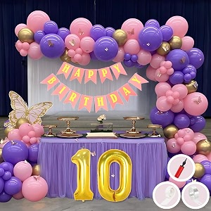 10th birthday decoration items for pink and purple theme combination for girls princes  50 pcs pink purple gold balloon  pink birthday banner  balloon pump  arch tape  glue dots