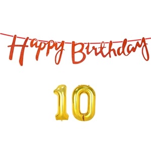 10th happy birthday decoration kit orange for 10 year old boys girls kids with number ten decorations decor celebration items item set combo reusable cursive banner