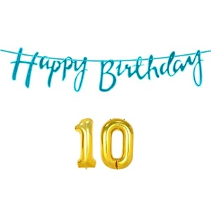 10th happy birthday decoration kit blue for 10 year old boys girls kids with number ten decorations decor celebration items item set combo reusable cursive banner