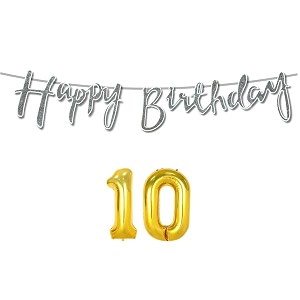 10th happy birthday decoration kit silver for 10 year old boys girls kids with number ten decorations decor celebration items item set combo reusable cursive banner