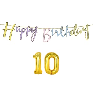 10th happy birthday decoration kit multicolour for 10 year old boys girls kids multicolor with number ten decorations decor celebration items item set combo reusable cursive banner