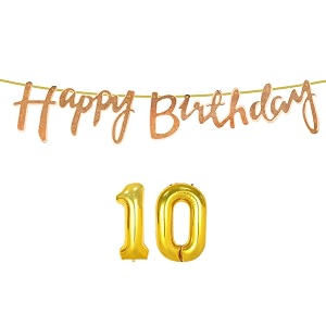 10th happy birthday decoration kit rose gold for 10 year old boys girls kids with number ten decorations decor celebration items item set combo reusable cursive banner