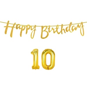 10th happy birthday decoration kit golden for 10 year old boys girls kids with number ten decorations decor celebration items item set combo reusable cursive banner