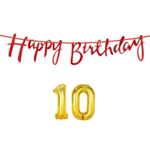 10th happy birthday decoration kit red for 10 year old boys girls kids with number ten decorations decor celebration items item set combo reusable cursive banner