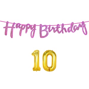 10th happy birthday decoration kit dark pink for 10 year old boys girls kids with number ten decorations decor celebration items item set combo reusable cursive banner