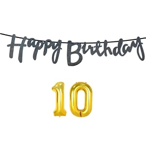 10th happy birthday decoration kit black for 10 year old boys girls kids with number ten decorations decor celebration items item set combo reusable cursive banner