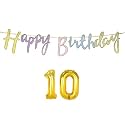 10th Happy Birthday Decoration Kit Multicolour for 10 Year Old Boys Girls Kids Multicolor with Number Ten Decorations Decor Celebration Items Item Set Combo Reusable Cursive Banner