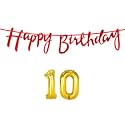 10th Happy Birthday Decoration Kit Red for 10 Year Old Boys Girls Kids with Number Ten Decorations Decor Celebration Items Item Set Combo Reusable Cursive Banner