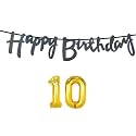 10th Happy Birthday Decoration Kit Black for 10 Year Old Boys Girls Kids with Number Ten Decorations Decor Celebration Items Item Set Combo Reusable Cursive Banner
