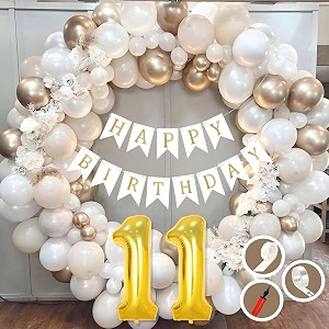 11th birthday decoration items for white and gold theme combination for boys girls  50 pc golden white orange balloon  white birthday banner  balloon pump  arch tape  glue dots