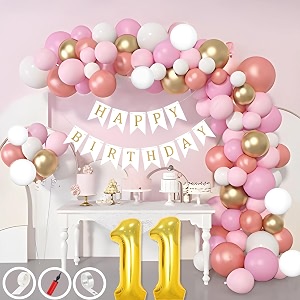 11th birthday decoration items for pink and white theme combination for girls 50 pcs pink white gold rose gold balloon white birthday banner balloon pump arch tape glue dots