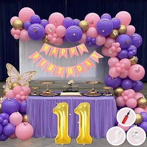 11th birthday decoration items for pink and purple theme combination for girls princes  50 pcs pink purple gold balloon  pink birthday banner  balloon pump  arch tape  glue dots