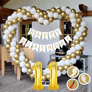 11th birthday decoration items for golden and white theme combination for boys girls  50 pcs gold white balloon  white birthday banner  balloon pump  arch tape  glue dots