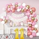 11th Birthday Decoration Items for Pink and White Theme Combination for Girls| 50 Pcs Pink White Gold Rose Gold Balloon| White Birthday Banner| Balloon Pump| Arch Tape| Glue Dots