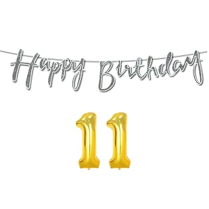 11th happy birthday decoration kit silver for 11 year old boys girls with number eleven decorations decor celebration items item set combo reusable cursive banner