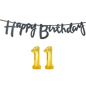 11th happy birthday decoration kit black for 11 year old boys girls with number eleven decorations decor celebration items item set combo reusable cursive banner