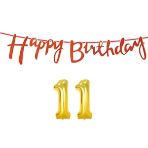 11th happy birthday decoration kit orange for 11 year old boys girls with number eleven decorations decor celebration items item set combo reusable cursive banner
