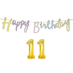 11th happy birthday decoration kit multicolour for 11 year old boys girls multicolor with number eleven decorations decor items item set combo reusable cursive banner