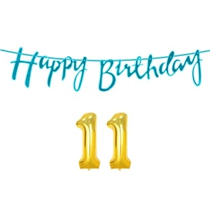11th happy birthday decoration kit blue for 11 year old boys girls with number eleven decorations decor celebration items item set combo reusable cursive banner