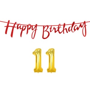 11th happy birthday decoration kit red for 11 year old boys girls with number eleven decorations decor celebration items item set combo reusable cursive banner