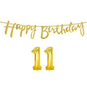 11th happy birthday decoration kit golden for 11 year old boys girls with number eleven decorations decor celebration items item set combo reusable cursive banner