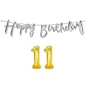 11th Happy Birthday Decoration Kit Silver for 11 Year Old Boys Girls with Number Eleven Decorations Decor Celebration Items Item Set Combo Reusable Cursive Banner