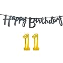 11th Happy Birthday Decoration Kit Black for 11 Year Old Boys Girls with Number Eleven Decorations Decor Celebration Items Item Set Combo Reusable Cursive Banner