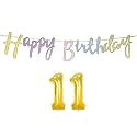 11th Happy Birthday Decoration Kit Multicolour for 11 Year Old Boys Girls Multicolor with Number Eleven Decorations Decor Items Item Set Combo Reusable Cursive Banner