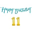 11th Happy Birthday Decoration Kit Blue for 11 Year Old Boys Girls with Number Eleven Decorations Decor Celebration Items Item Set Combo Reusable Cursive Banner