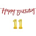 11th Happy Birthday Decoration Kit Red for 11 Year Old Boys Girls with Number Eleven Decorations Decor Celebration Items Item Set Combo Reusable Cursive Banner