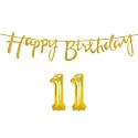 11th Happy Birthday Decoration Kit Golden for 11 Year Old Boys Girls with Number Eleven Decorations Decor Celebration Items Item Set Combo Reusable Cursive Banner