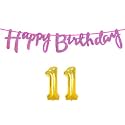 11th Happy Birthday Decoration Kit Dark Pink for 11 Year Old Boys Girls with Number Eleven Decorations Decor Celebration Items Item Set Combo Reusable Cursive Banner