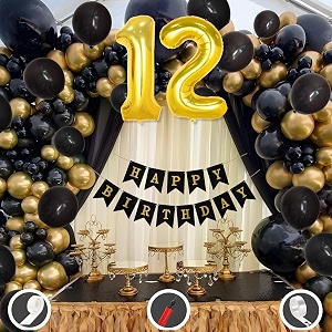 12th birthday decoration items for black and gold theme combination for boys girls  50 pcs black gold balloon  black birthday banner  balloon pump  arch tape  glue dots