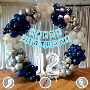 12th birthday decoration items for blue and white theme combination for boys girls  50 pcs blue white silver balloon  blue birthday banner  balloon pump  arch tape  glue dots