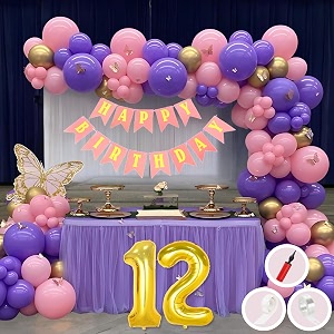 12th birthday decoration items for pink and purple theme combination for girls princes  50 pcs pink purple gold balloon  pink birthday banner  balloon pump  arch tape  glue dots