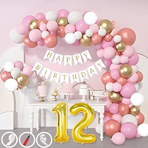 12th birthday decoration items for pink and white theme combination for girls 50 pcs pink white gold rose gold balloon white birthday banner balloon pump arch tape glue dots