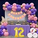 12th Birthday Decoration Items for Pink and Purple Theme Combination for Girls Princes | 50 Pcs Pink Purple Gold Balloon | Pink Birthday Banner | Balloon Pump | Arch Tape | Glue Dots