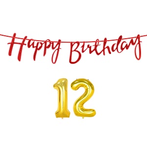 12th happy birthday decoration kit red for 12 year old boys girls with number twelve decorations decor celebration items item set combo reusable cursive banner