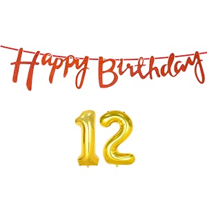 12th happy birthday decoration kit orange for 12 year old boys girls with number twelve decorations decor celebration items item set combo reusable cursive banner