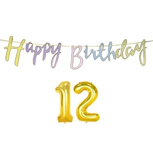 12th happy birthday decoration kit multicolour for 12 year old boys girls multicolor with number twelve decorations decor items item set combo reusable cursive banner