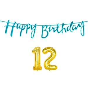 12th happy birthday decoration kit blue for 12 year old boys girls with number twelve decorations decor celebration items item set combo reusable cursive banner