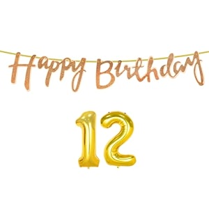 12th happy birthday decoration kit rose gold for 12 year old boys girls with number twelve decorations decor celebration items item set combo reusable cursive banner