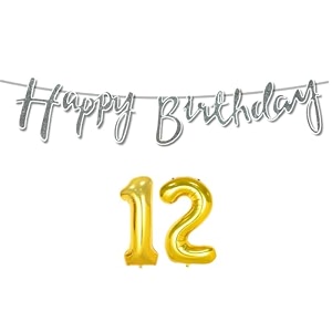 12th happy birthday decoration kit silver for 12 year old boys girls with number twelve decorations decor celebration items item set combo reusable cursive banner