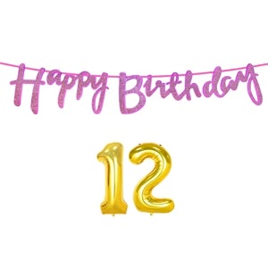 12th happy birthday decoration kit dark pink for 12 year old boys girls with number twelve decorations decor celebration items item set combo reusable cursive banner