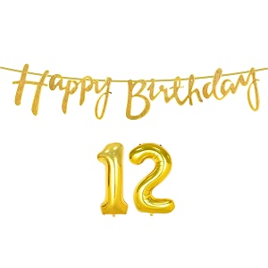12th happy birthday decoration kit golden for 12 year old boys girls with number twelve decorations decor celebration items item set combo reusable cursive banner