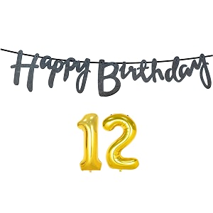12th happy birthday decoration kit black for 12 year old boys girls with number twelve decorations decor celebration items item set combo reusable cursive banner