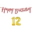 12th Happy Birthday Decoration Kit Red for 12 Year Old Boys Girls with Number Twelve Decorations Decor Celebration Items Item Set Combo Reusable Cursive Banner