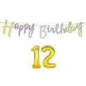 12th Happy Birthday Decoration Kit Multicolour for 12 Year Old Boys Girls Multicolor with Number Twelve Decorations Decor Items Item Set Combo Reusable Cursive Banner